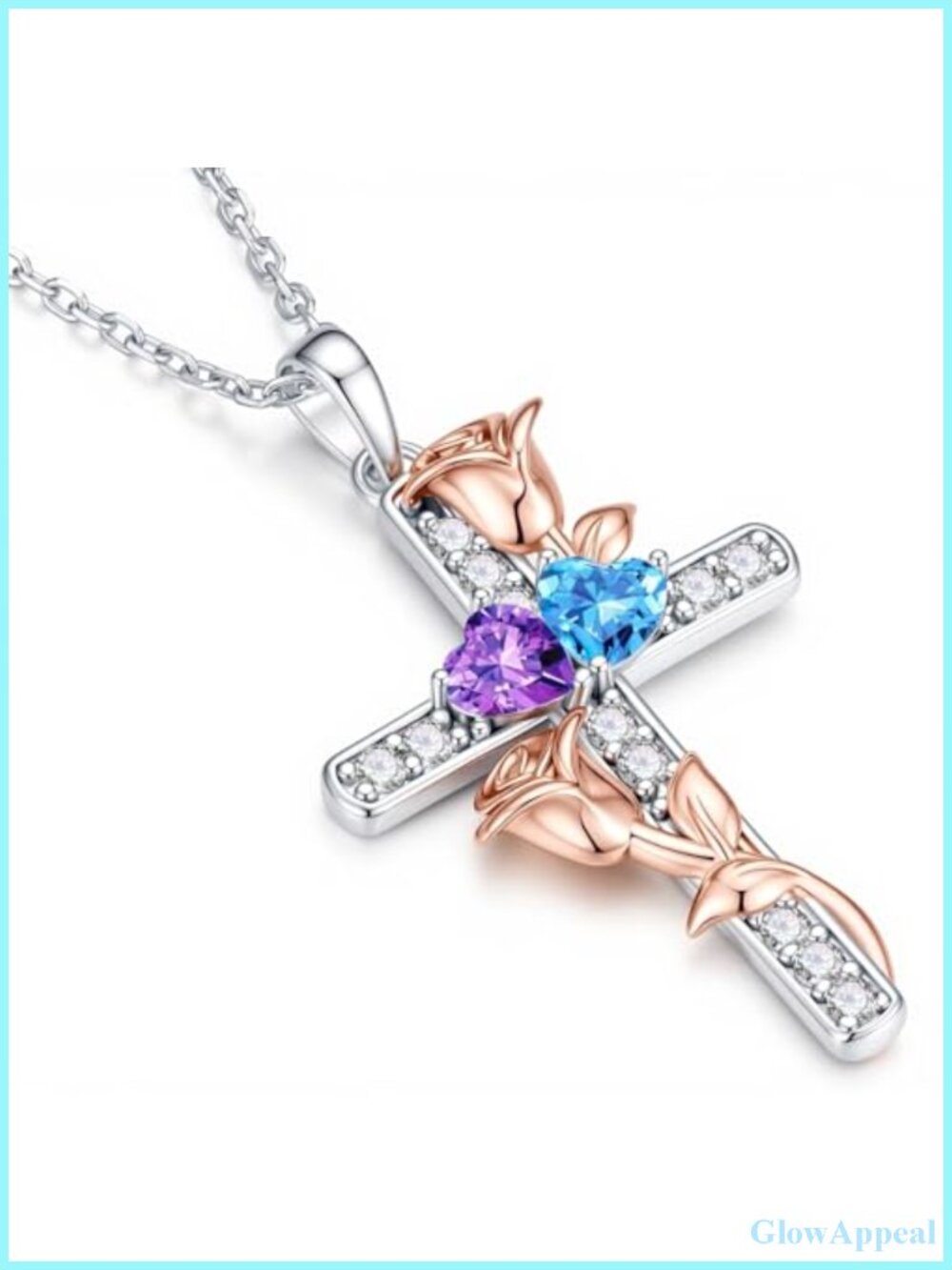 925 Sterling Silver Rose Cross Pendant Necklace with Aquamarine Stone, 21"